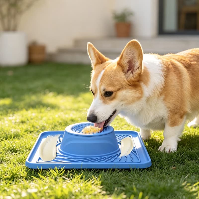Corgi eating from a blue silicone slow feeder lick bowl in the garden